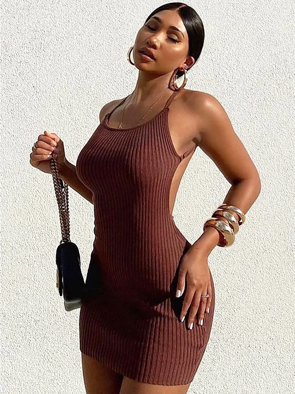Fashion Nova Brown Ribbed Bodycon Mini Dress - Picture 3 of 6